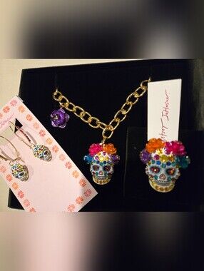 Betsey Johnson Colorful Crystal Sugar Skull Necklace, Earrings & Ring.